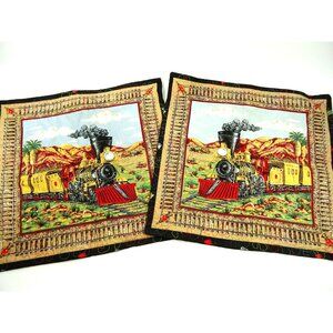 Train Locomotive Pillow Shams Pair Square Railroad Decor 16x16in
